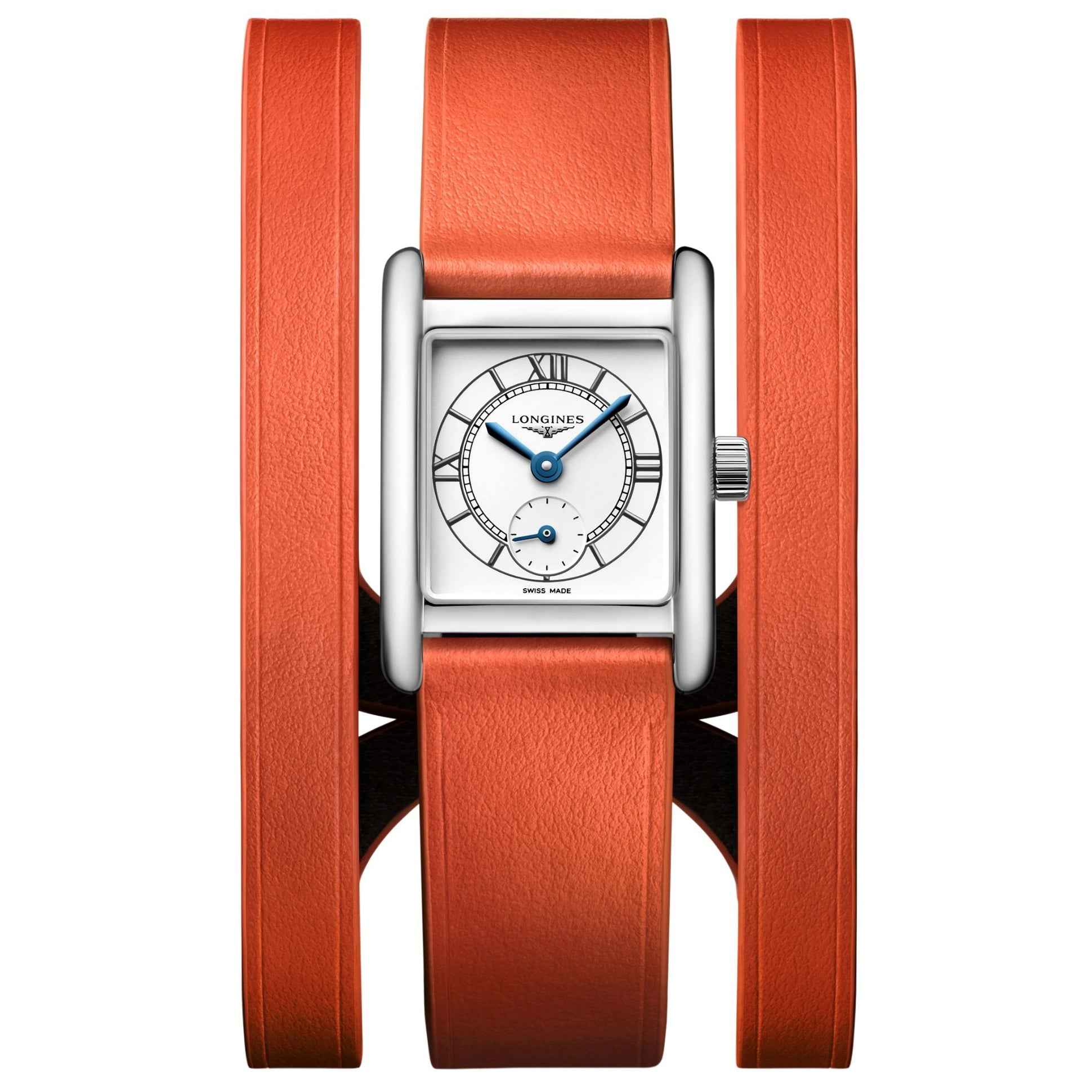 Orologio Longines Mini Dolcevita con quadrante bianco e cinturino in pelle arancione.