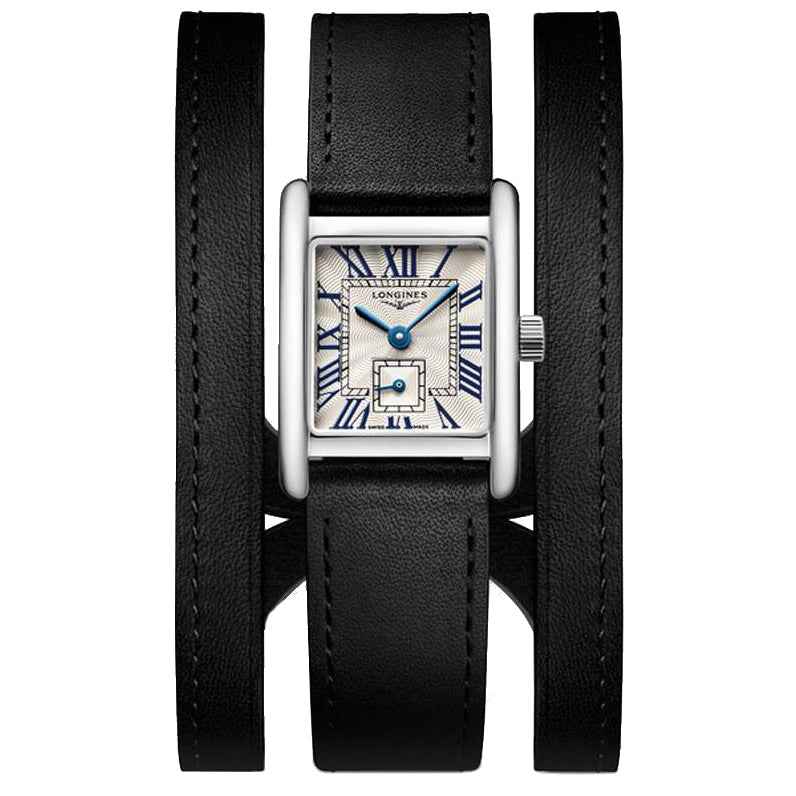 Orologio Longines Mini Dolcevita con cinturino in pelle nera, cassa argentata rettangolare