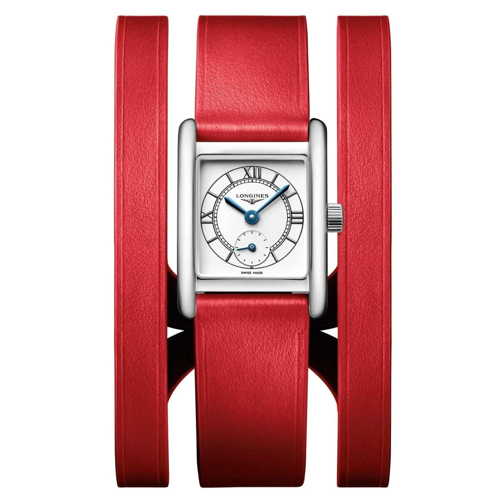 Orologio Longines Dolcevita con cassa argento e cinturino in pelle rossa