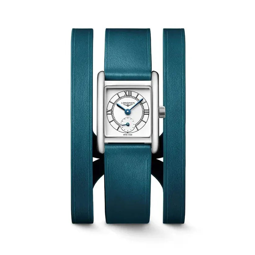Orologio Longines Mini Dolcevita con cassa argento e cinturino in pelle blu.