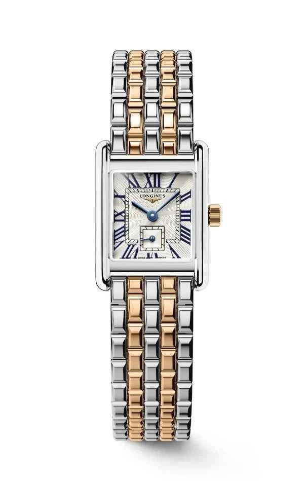 Orologio rettangolare Longines con cinturino maglia acciaio e oro 18kt