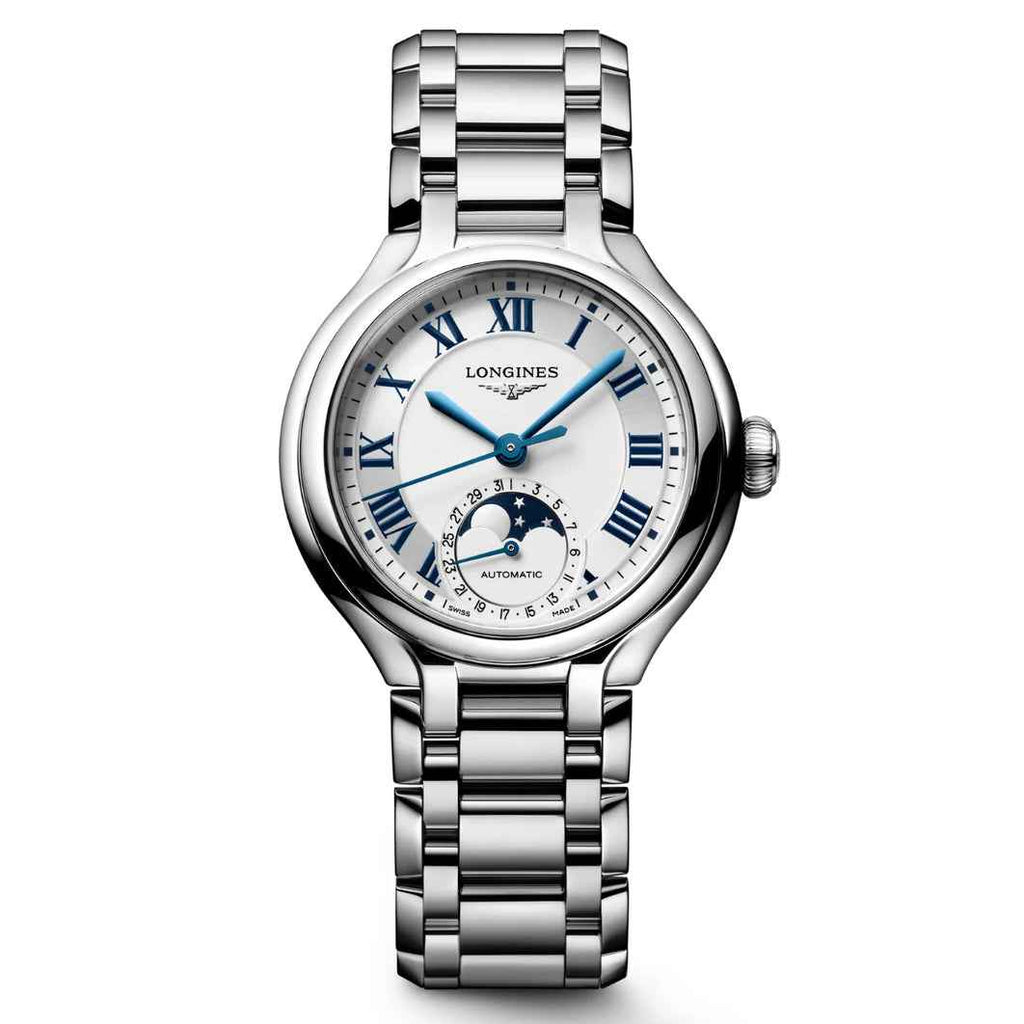 Longines orologio automatico in acciaio argento, quadrante bianco con fasi lunari blu