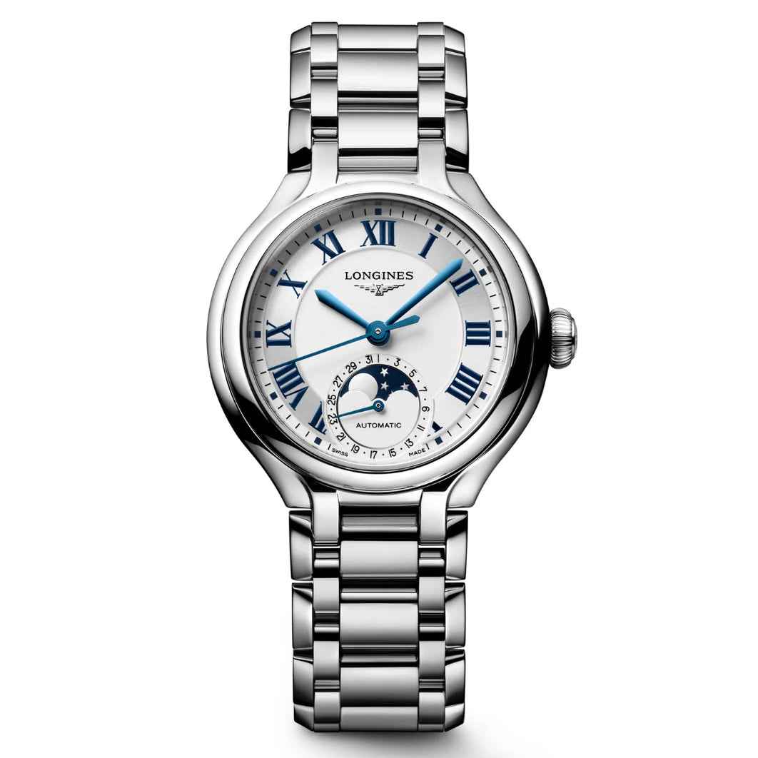 Longines orologio automatico in acciaio argento, quadrante bianco con fasi lunari blu