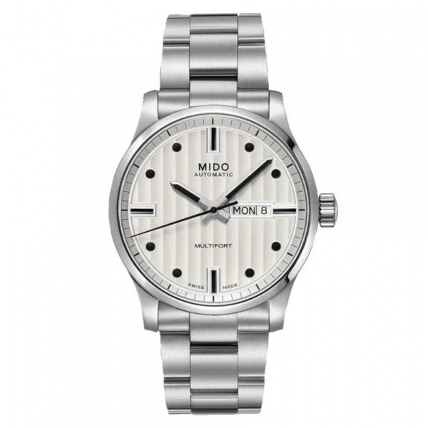 MIDO Multifort Gent Automatico Uomo 42 mm Acciaio Quadrante Argento Côtes de Genève Vetro Zaffiro Day-Date Caliber 80 Bracciale Acciaio 100 m Swiss Made Ref. M005.430.11.031.80