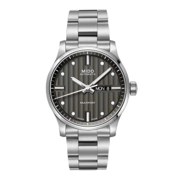 MIDO Multifort Automatico Uomo 42 mm Acciaio Quadrante Antracite Côtes de Genève Vetro Zaffiro Day-Date Caliber 80 Bracciale Acciaio 100 m Swiss Made Ref. M005.430.11.061.80