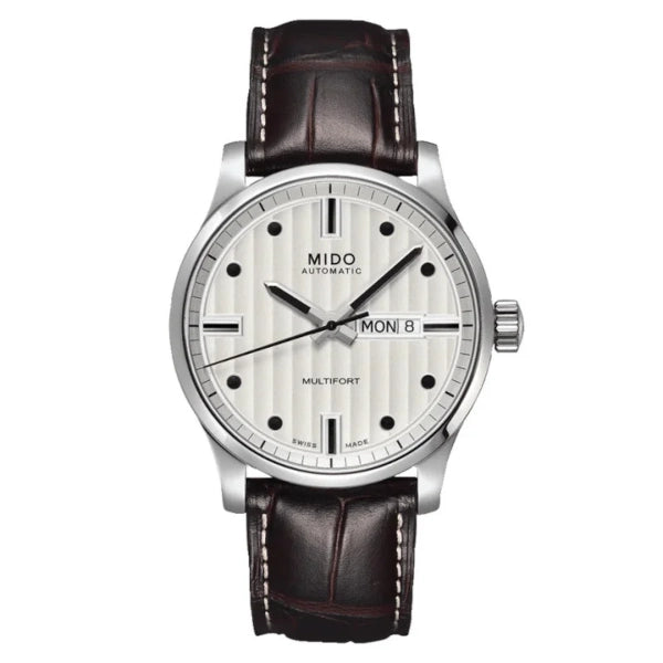 MIDO Multifort Gent Automatico Uomo 42 mm Acciaio Quadrante Argento Côtes de Genève Vetro Zaffiro Day-Date Caliber 80 Cinturino Pelle Marrone 100 m Swiss Made Ref. M005.430.16.031.80