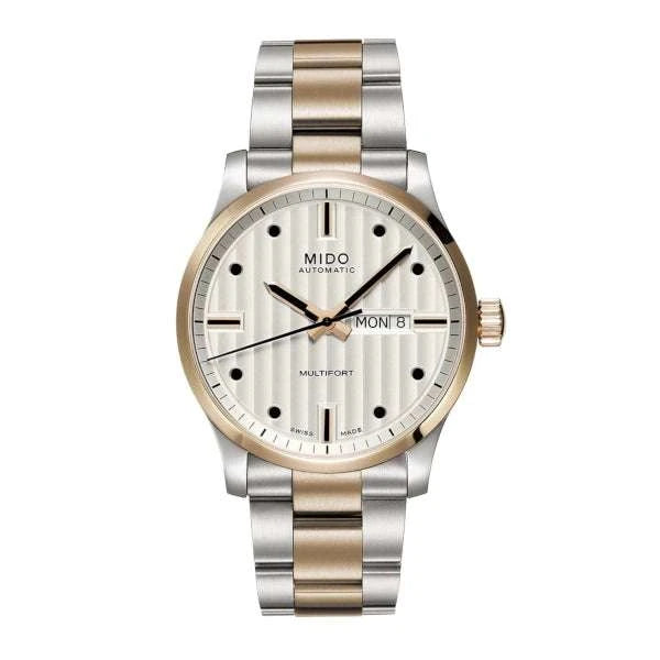 MIDO Multifort Automatico Uomo 42 mm Acciaio PVD Oro Rosa Quadrante Argento Vetro Zaffiro Day-Date Caliber 80 Bracciale Bicolore 100 m Swiss Made Ref. M005.430.22.031.80
