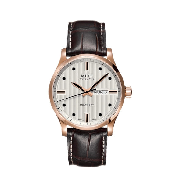 MIDO Multifort Automatico Uomo 42 mm Acciaio PVD Oro Rosa Quadrante Argento Vetro Zaffiro Day-Date Caliber 80 Cinturino Pelle Marrone 100 m Swiss Made Ref. M005.430.36.031.80