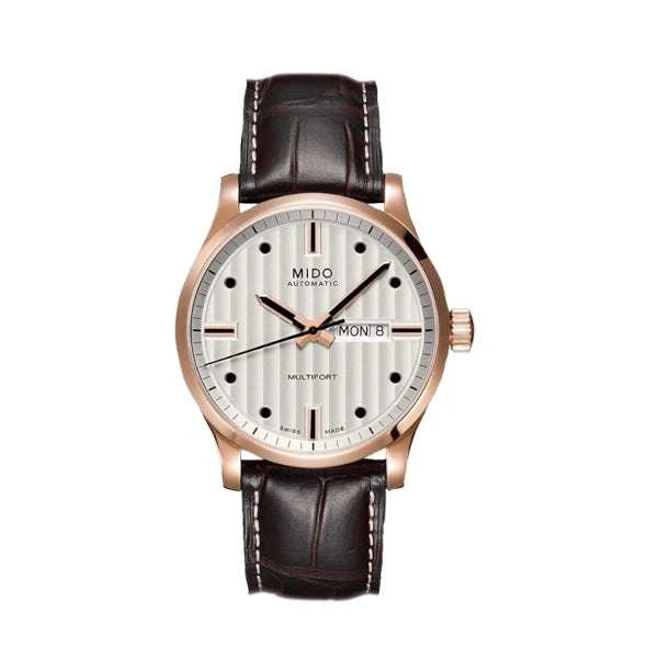 MIDO Multifort Automatico Uomo 42 mm Acciaio PVD Oro Rosa Quadrante Argento Vetro Zaffiro Day-Date Caliber 80 Cinturino Pelle Marrone 100 m Swiss Made Ref. M005.430.36.031.80