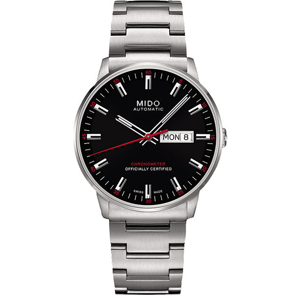 MIDO Commander Chronometer Automatico Uomo 40 mm Acciaio 316L Quadrante Nero Vetro Zaffiro COSC Day-Date Caliber 80 Si Bracciale Acciaio 50 m Swiss Made Ref. M021.431.11.051.00