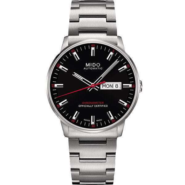MIDO Commander Chronometer Automatico Uomo 40 mm Acciaio 316L Quadrante Nero Vetro Zaffiro COSC Day-Date Caliber 80 Si Bracciale Acciaio 50 m Swiss Made Ref. M021.431.11.051.00