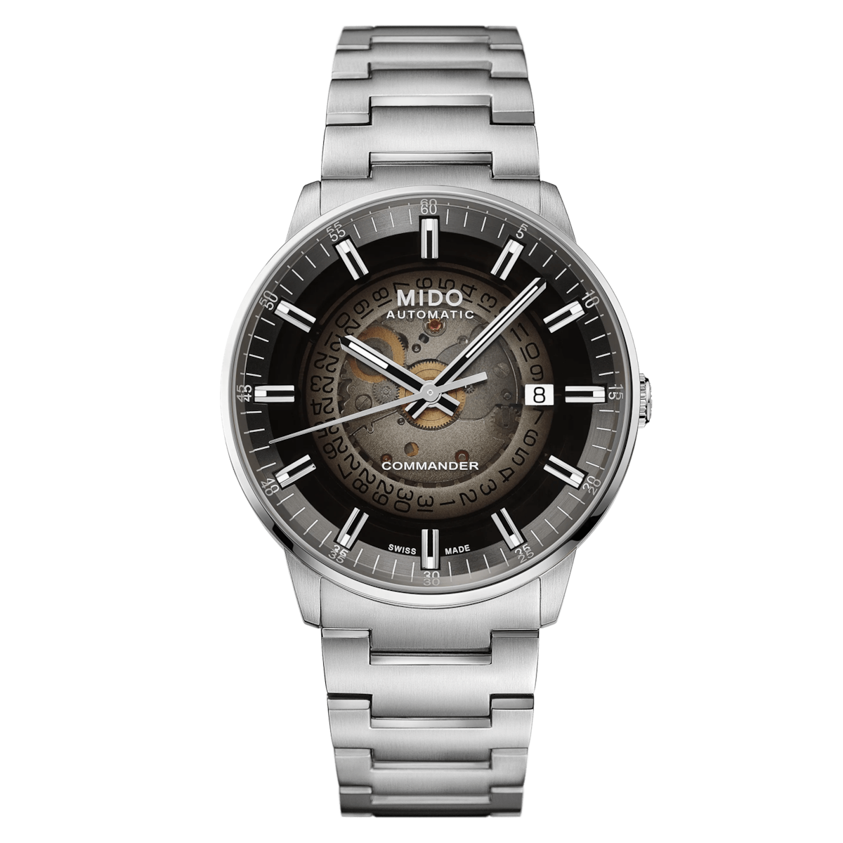 MIDO Commander Gradient Automatico Uomo 40 mm Acciaio 316L Quadrante Trasparente Fumé Nero Vetro Zaffiro Data Caliber 80 Bracciale Acciaio 50 m Swiss Made Ref. M021.407.11.411.00 Oasi Watch