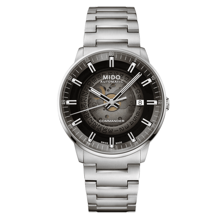 MIDO Commander Gradient Automatico Uomo 40 mm Acciaio 316L Quadrante Trasparente Fumé Nero Vetro Zaffiro Data Caliber 80 Bracciale Acciaio 50 m Swiss Made Ref. M021.407.11.411.00
