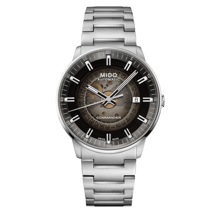 MIDO Commander Gradient Automatico Uomo 40 mm Acciaio 316L Quadrante Trasparente Fumé Nero Vetro Zaffiro Data Caliber 80 Bracciale Acciaio 50 m Swiss Made Ref. M021.407.11.411.00