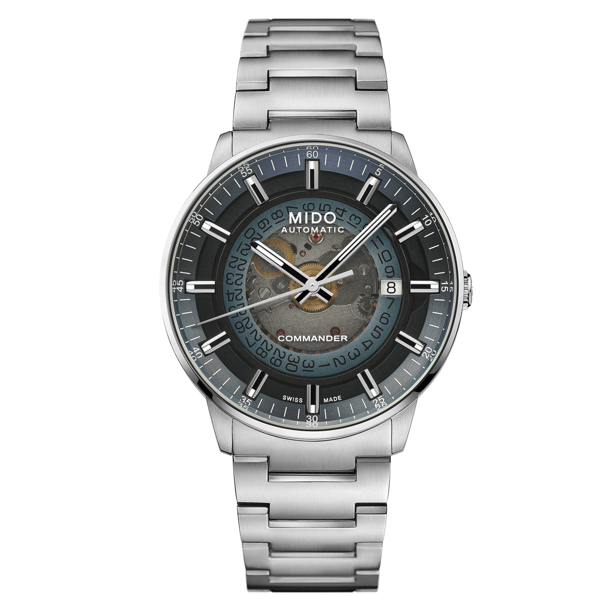 MIDO Commander Gradient Automatico Uomo 40 mm Acciaio 316L Quadrante Trasparente Fumé Blu Vetro Zaffiro Data Caliber 80 Bracciale Acciaio 50 m Swiss Made Ref. M021.407.11.411.01 Oasi Watch