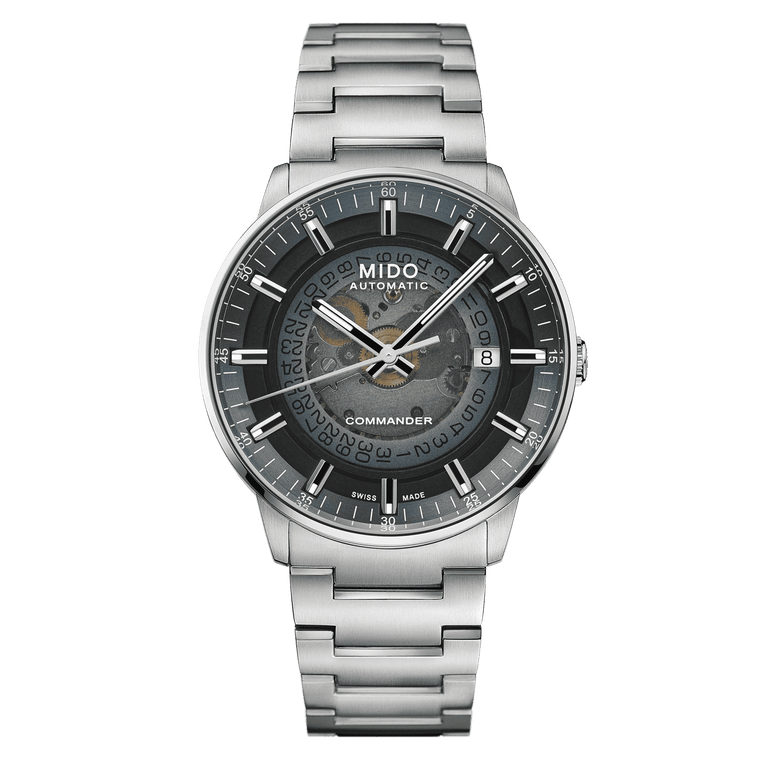MIDO Commander Gradient Automatico Uomo 40 mm Acciaio 316L Quadrante Trasparente Fumé Blu Vetro Zaffiro Data Caliber 80 Bracciale Acciaio 50 m Swiss Made Ref. M021.407.11.411.01
