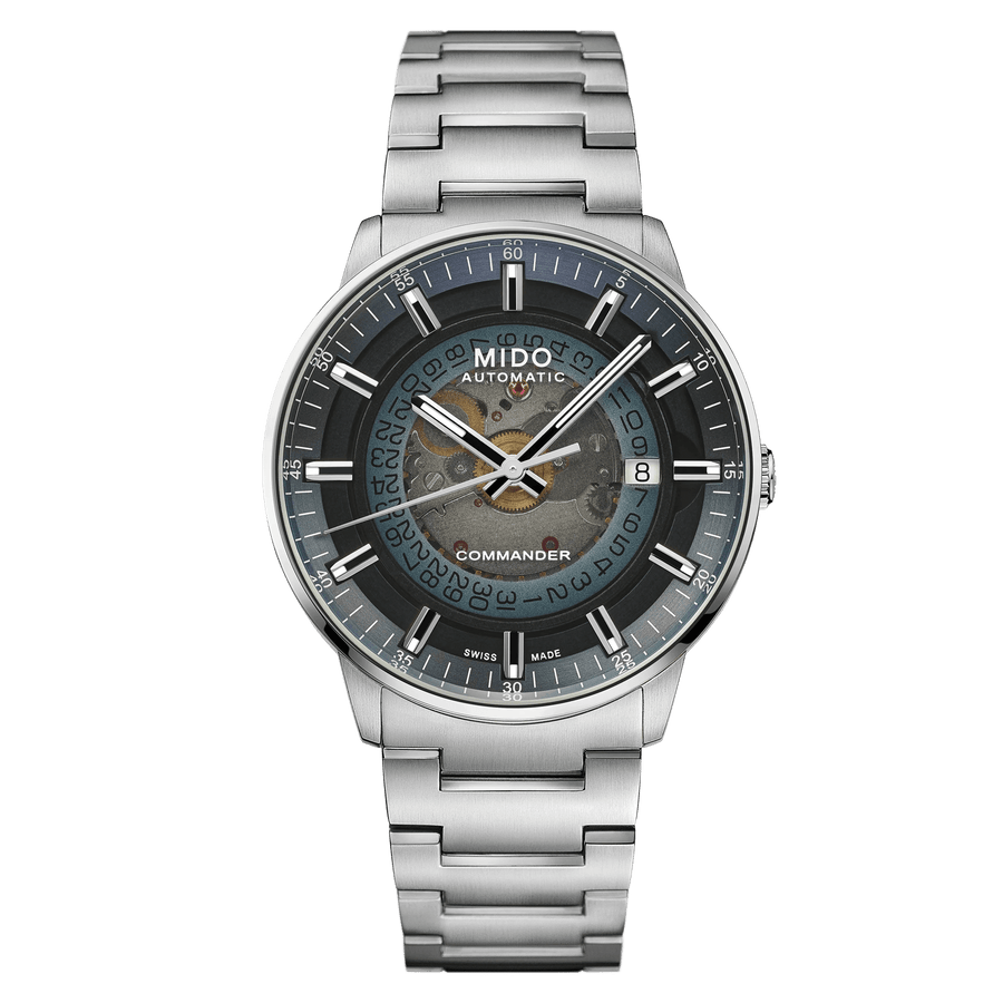 MIDO Commander Gradient Automatico Uomo 40 mm Acciaio 316L Quadrante Trasparente Fumé Blu Vetro Zaffiro Data Caliber 80 Bracciale Acciaio 50 m Swiss Made Ref. M021.407.11.411.01
