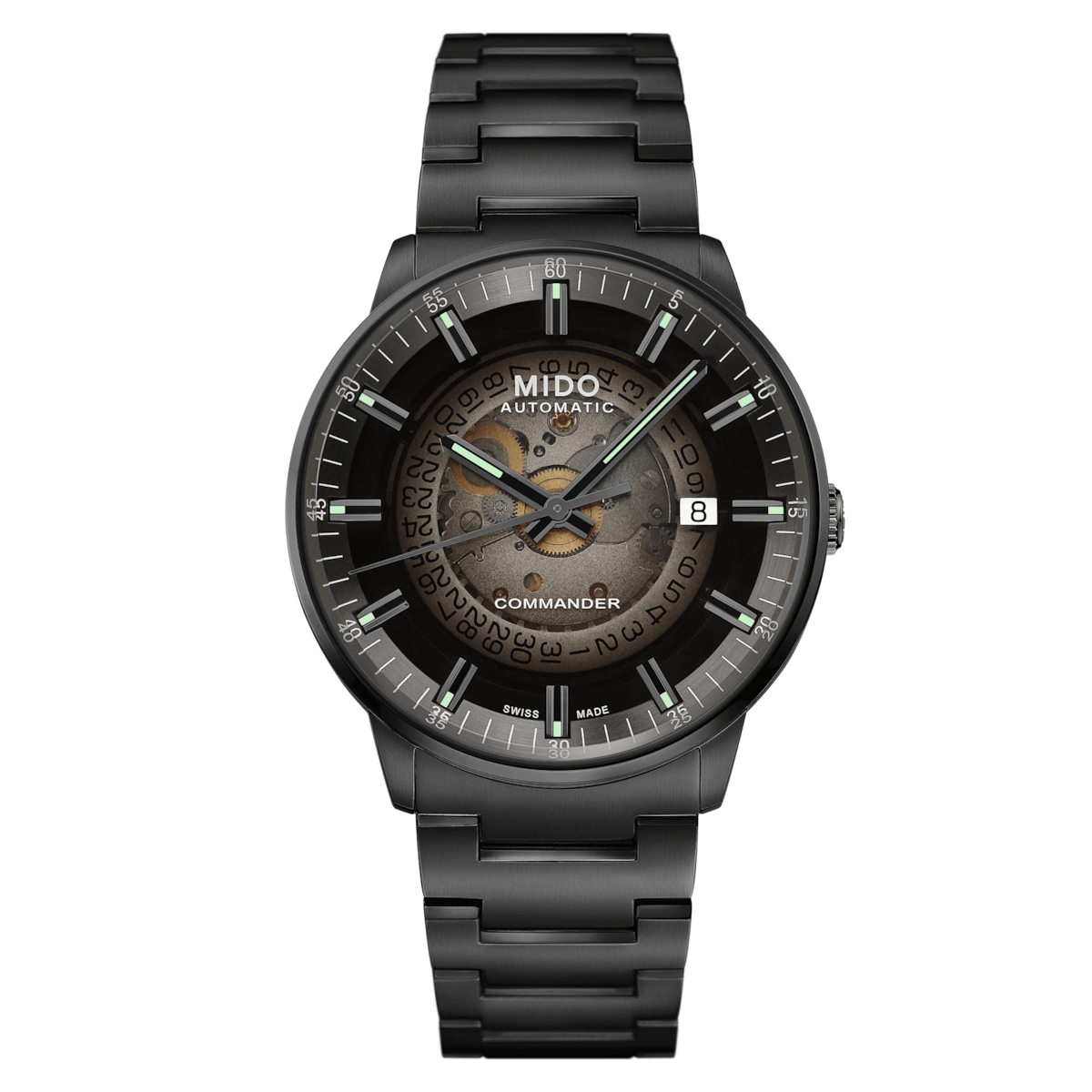 MIDO Commander Gradient Automatico Uomo 40 mm Acciaio 316L PVD Nero Quadrante Trasparente Fumé Nero Vetro Zaffiro Data Caliber 80 Bracciale Acciaio Nero 50 m Swiss Made Ref. M021.407.33.411.00 Oasi Watch