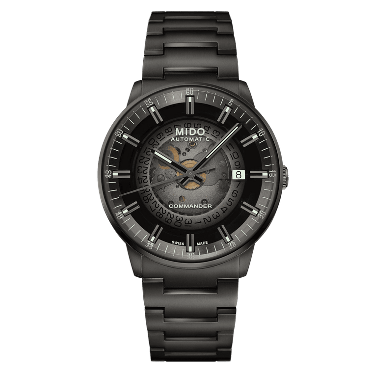 MIDO Commander Gradient Automatico Uomo 40 mm Acciaio 316L PVD Nero Quadrante Trasparente Fumé Nero Vetro Zaffiro Data Caliber 80 Bracciale Acciaio Nero 50 m Swiss Made Ref. M021.407.33.411.00