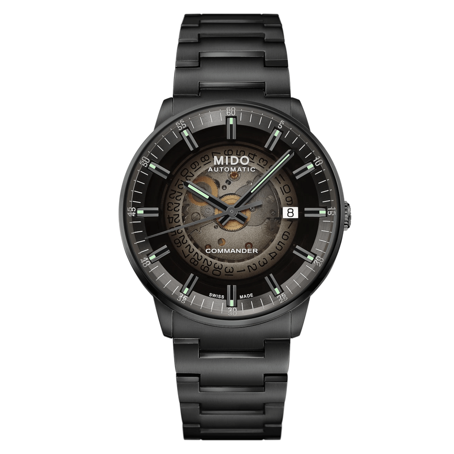 MIDO Commander Gradient Automatico Uomo 40 mm Acciaio 316L PVD Nero Quadrante Trasparente Fumé Nero Vetro Zaffiro Data Caliber 80 Bracciale Acciaio Nero 50 m Swiss Made Ref. M021.407.33.411.00