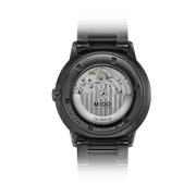 Orologio da polso con fondello trasparente e movimento visibile, bracciale acciaio nero
