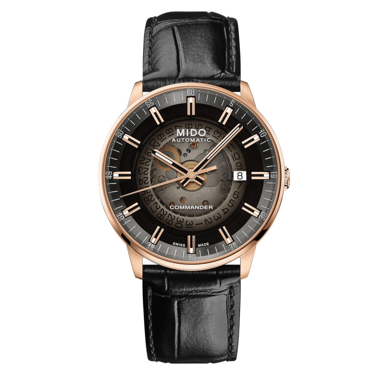 MIDO Commander Gradient Automatico Uomo 40 mm Acciaio PVD Oro Rosa Quadrante Trasparente Fumé Nero Vetro Zaffiro Data Caliber 80 Pelle Nera 50 m Swiss Made Ref. M021.407.36.411.00 Oasi Watch
