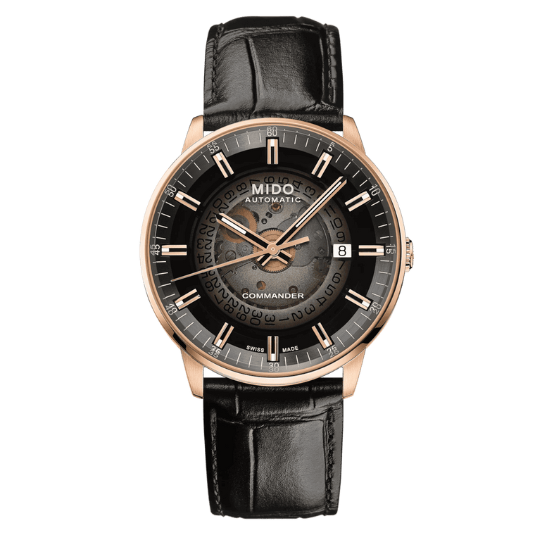 MIDO Commander Gradient Automatico Uomo 40 mm Acciaio PVD Oro Rosa Quadrante Trasparente Fumé Nero Vetro Zaffiro Data Caliber 80 Pelle Nera 50 m Swiss Made Ref. M021.407.36.411.00