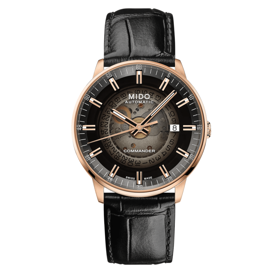 MIDO Commander Gradient Automatico Uomo 40 mm Acciaio PVD Oro Rosa Quadrante Trasparente Fumé Nero Vetro Zaffiro Data Caliber 80 Pelle Nera 50 m Swiss Made Ref. M021.407.36.411.00
