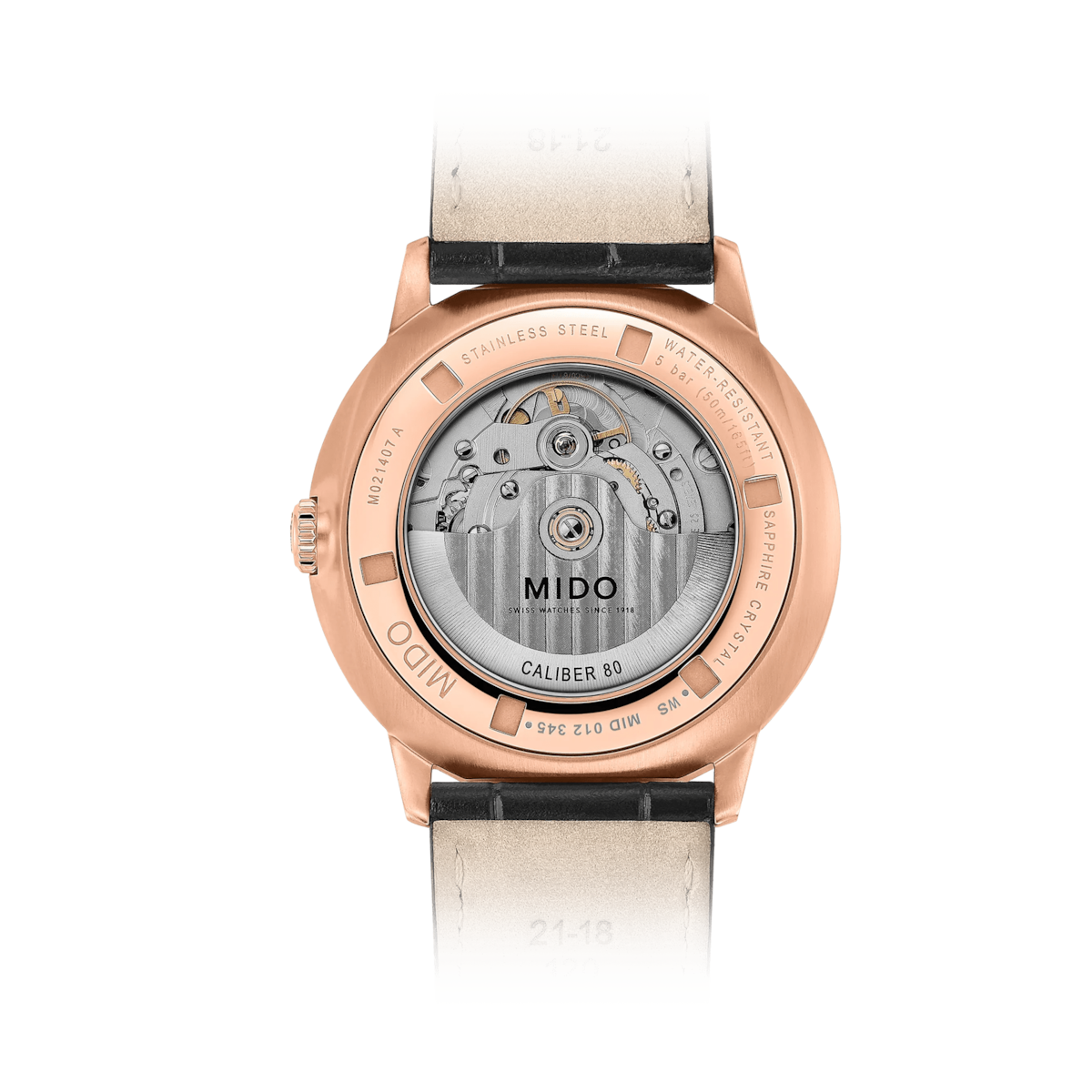 MIDO Commander Gradient Automatico Uomo 40 mm Acciaio PVD Oro Rosa Quadrante Trasparente Fumé Nero Vetro Zaffiro Data Caliber 80 Pelle Nera 50 m Swiss Made Ref. M021.407.36.411.00 Oasi Watch