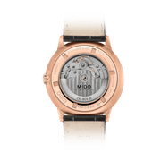 Orologio automatico con fondello trasparente, cassa oro rosa PVD, pelle nera e datario