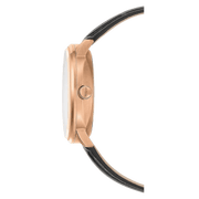 Orologio automatico con cassa oro rosa PVD e cinturino in pelle nera, vista laterale
