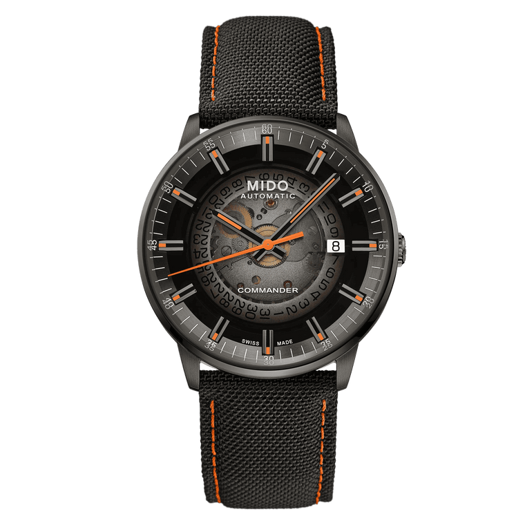 MIDO Commander Gradient Automatico Uomo 40 mm Acciaio 316L PVD Nero Quadrante Trasparente Fumé Nero Vetro Zaffiro Data Caliber 80 Cinturino Nero 50 m Swiss Made Ref. M021.407.37.411.00