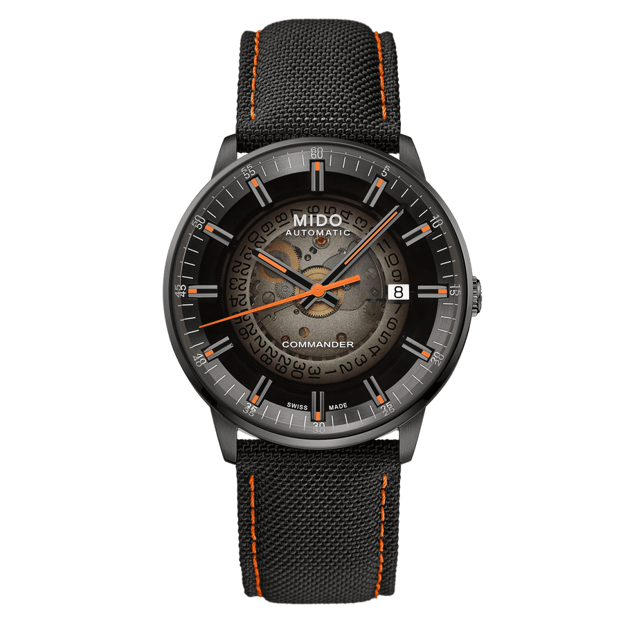 MIDO Commander Gradient Automatico Uomo 40 mm Acciaio 316L PVD Nero Quadrante Trasparente Fumé Nero Vetro Zaffiro Data Caliber 80 Cinturino Nero 50 m Swiss Made Ref. M021.407.37.411.00