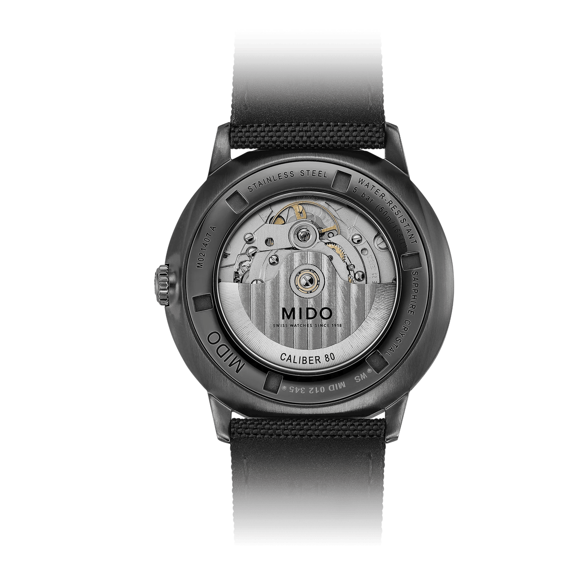 MIDO Commander Gradient Automatico Uomo 40 mm Acciaio 316L PVD Nero Quadrante Trasparente Fumé Nero Vetro Zaffiro Data Caliber 80 Cinturino Nero 50 m Swiss Made Ref. M021.407.37.411.00 Oasi Watch