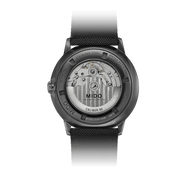 Orologio con fondello a vista del movimento e cinturino nero