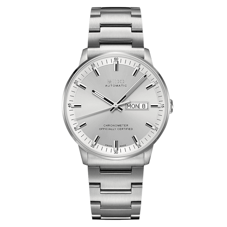 MIDO Commander Chronometer Automatico Uomo 40 mm Acciaio 316L Quadrante Argento Dégradé Vetro Zaffiro COSC Day-Date Caliber 80 Si Bracciale Acciaio 50 m Swiss Made Ref. M021.431.11.031.00