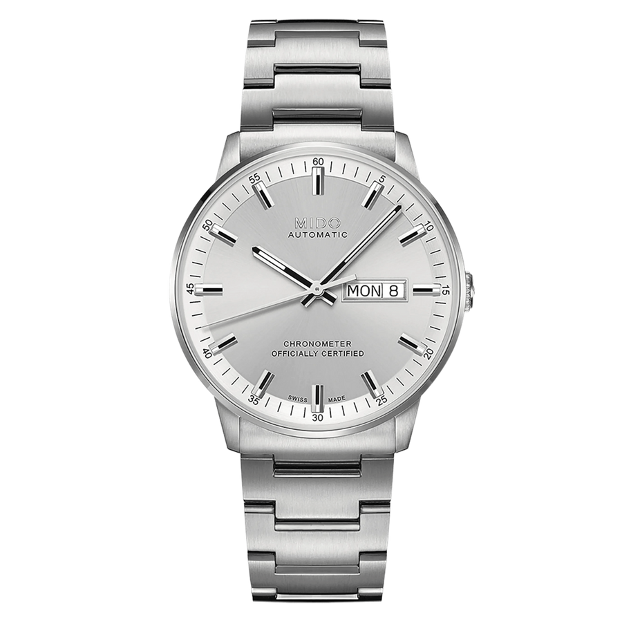 MIDO Commander Chronometer Automatico Uomo 40 mm Acciaio 316L Quadrante Argento Dégradé Vetro Zaffiro COSC Day-Date Caliber 80 Si Bracciale Acciaio 50 m Swiss Made Ref. M021.431.11.031.00