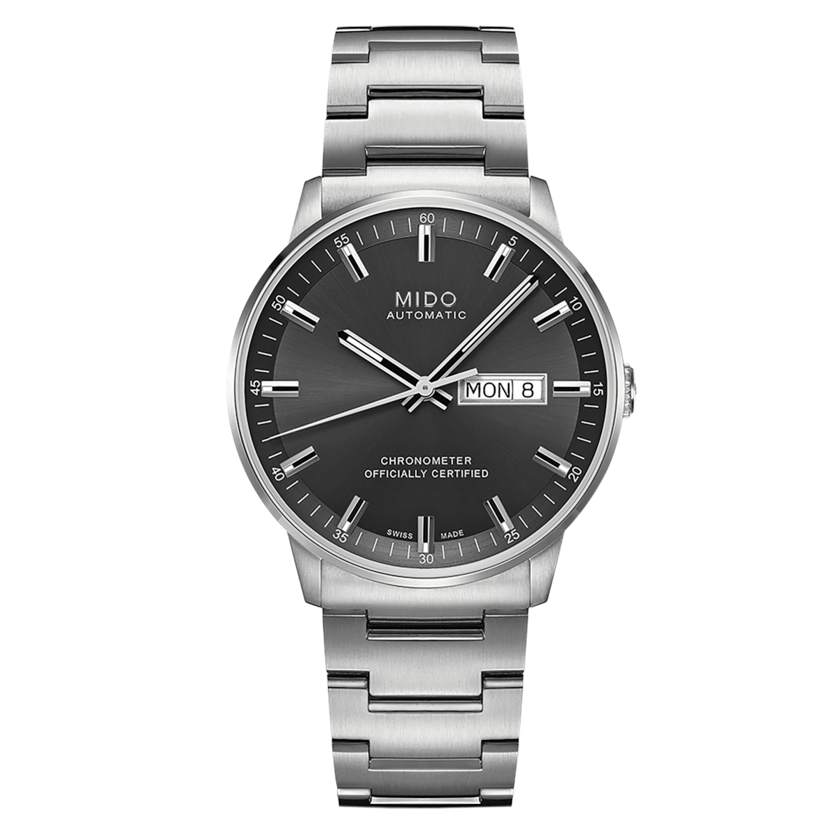 MIDO Commander Chronometer Automatico Uomo 40 mm Acciaio 316L Quadrante Antracite Soleil Vetro Zaffiro COSC Day-Date Caliber 80 Si Bracciale Acciaio 50 m Swiss Made Ref. M021.431.11.061.00