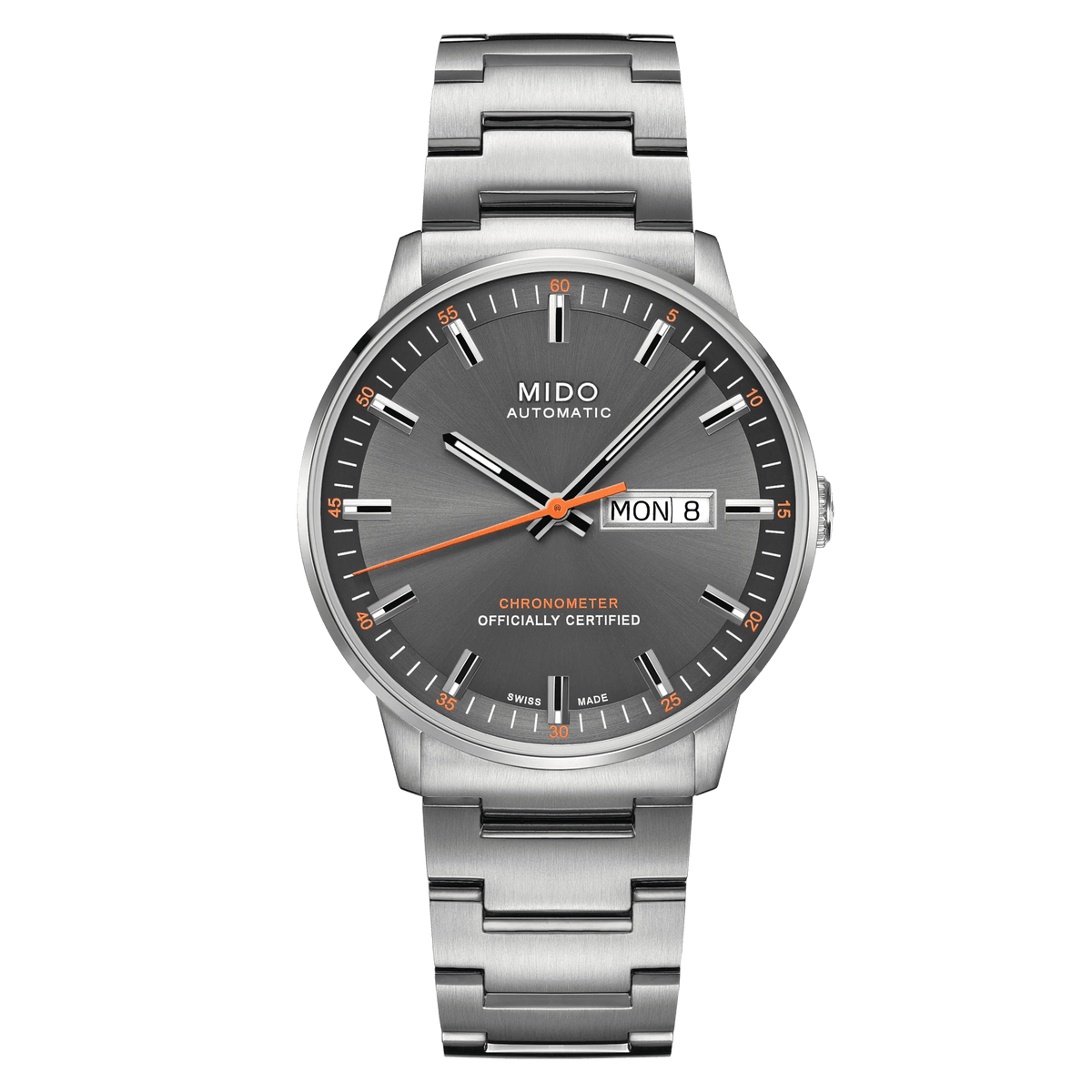 MIDO Commander Chronometer Automatico Uomo 40 mm Acciaio 316L Quadrante Antracite Soleil Vetro Zaffiro COSC Day-Date Bracciale Acciaio 50 m Swiss Made Ref. M021.431.11.061.01 Oasi Watch