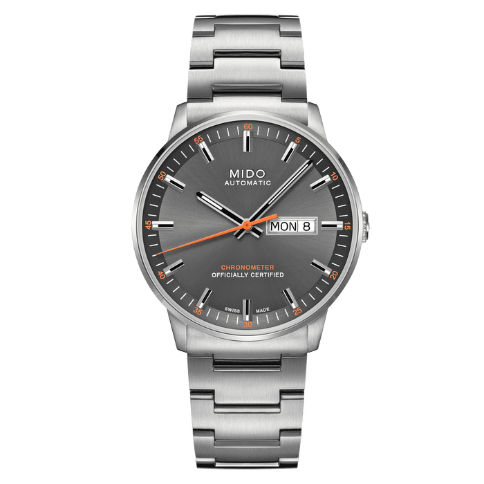 MIDO Commander Chronometer Automatico Uomo 40 mm Acciaio 316L Quadrante Antracite Soleil Vetro Zaffiro COSC Day-Date Bracciale Acciaio 50 m Swiss Made Ref. M021.431.11.061.01