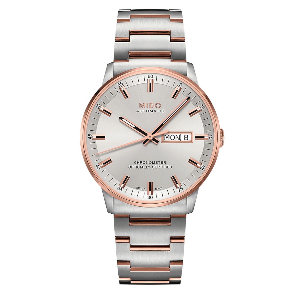 MIDO Commander Chronometer Automatico Uomo 40 mm Acciaio PVD Oro Rosa Quadrante Argento Vetro Zaffiro COSC Day-Date Caliber 80 Si Bracciale Bicolore 50 m Swiss Made Ref. M021.431.22.031.00