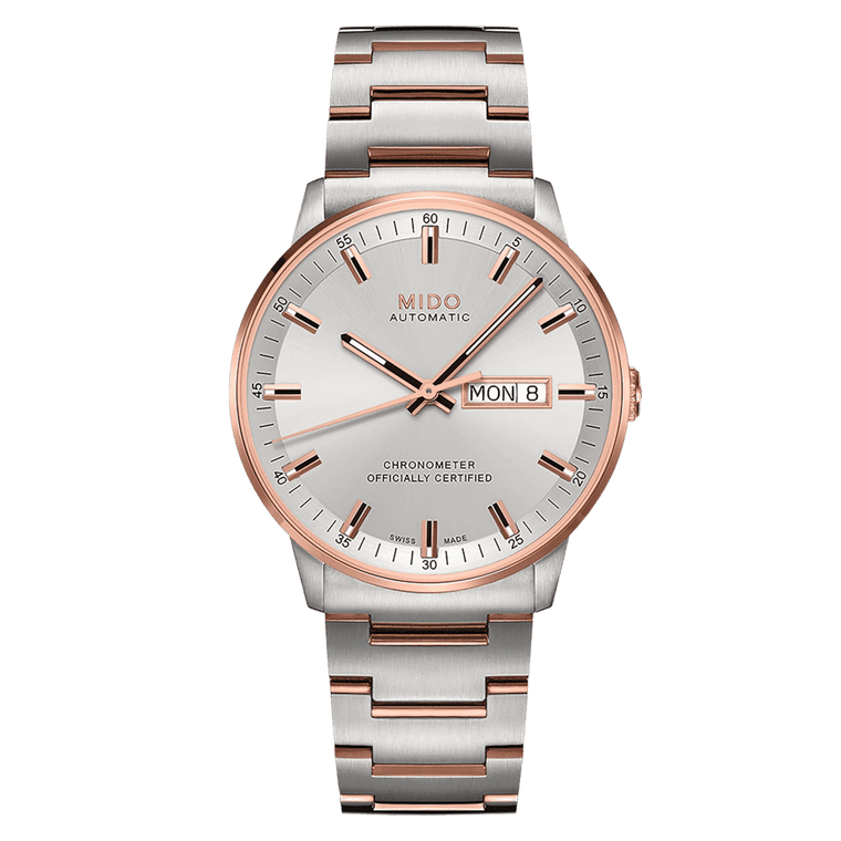 MIDO Commander Chronometer Automatico Uomo 40 mm Acciaio PVD Oro Rosa Quadrante Argento Vetro Zaffiro COSC Day-Date Caliber 80 Si Bracciale Bicolore 50 m Swiss Made Ref. M021.431.22.031.00