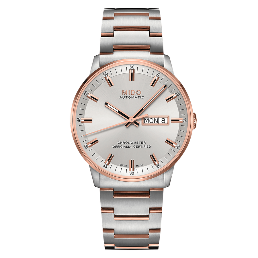MIDO Commander Chronometer Automatico Uomo 40 mm Acciaio PVD Oro Rosa Quadrante Argento Vetro Zaffiro COSC Day-Date Caliber 80 Si Bracciale Bicolore 50 m Swiss Made Ref. M021.431.22.031.00