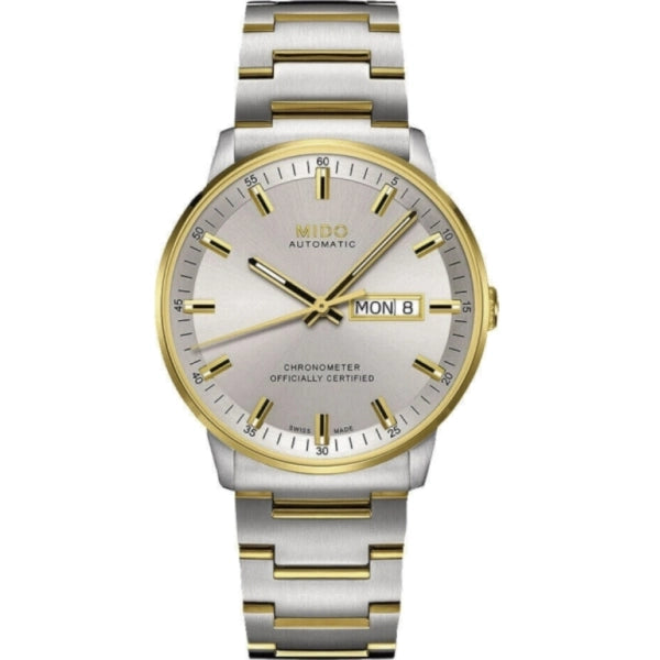 MIDO Commander Chronometer Automatico Uomo 40 mm Acciaio PVD Oro Giallo Quadrante Rodio Vetro Zaffiro COSC Day-Date Caliber 80 Si Bracciale Bicolore 50 m Swiss Made Ref. M021.431.22.071.00