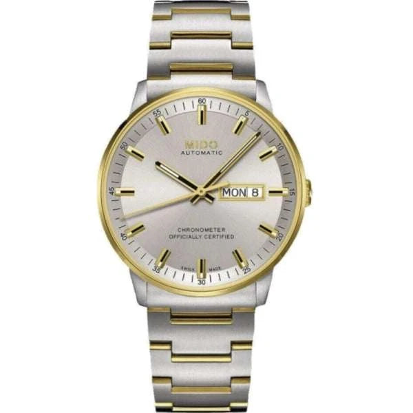 MIDO Commander Chronometer Automatico Uomo 40 mm Acciaio PVD Oro Giallo Quadrante Rodio Vetro Zaffiro COSC Day-Date Caliber 80 Si Bracciale Bicolore 50 m Swiss Made Ref. M021.431.22.071.00