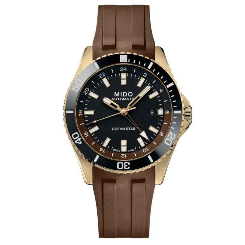 Orologio Mido Ocean Star GMT automatico con quadrante nero e cinturino in gomma marrone