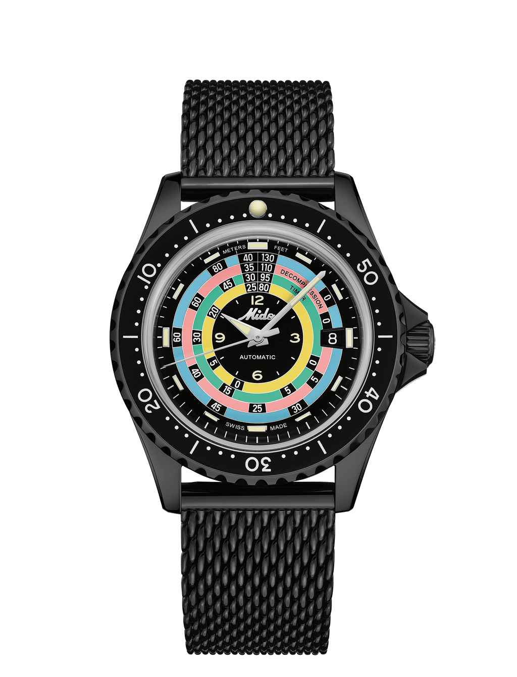 Orologio subacqueo nero con quadrante multicolore e cinturino maglia