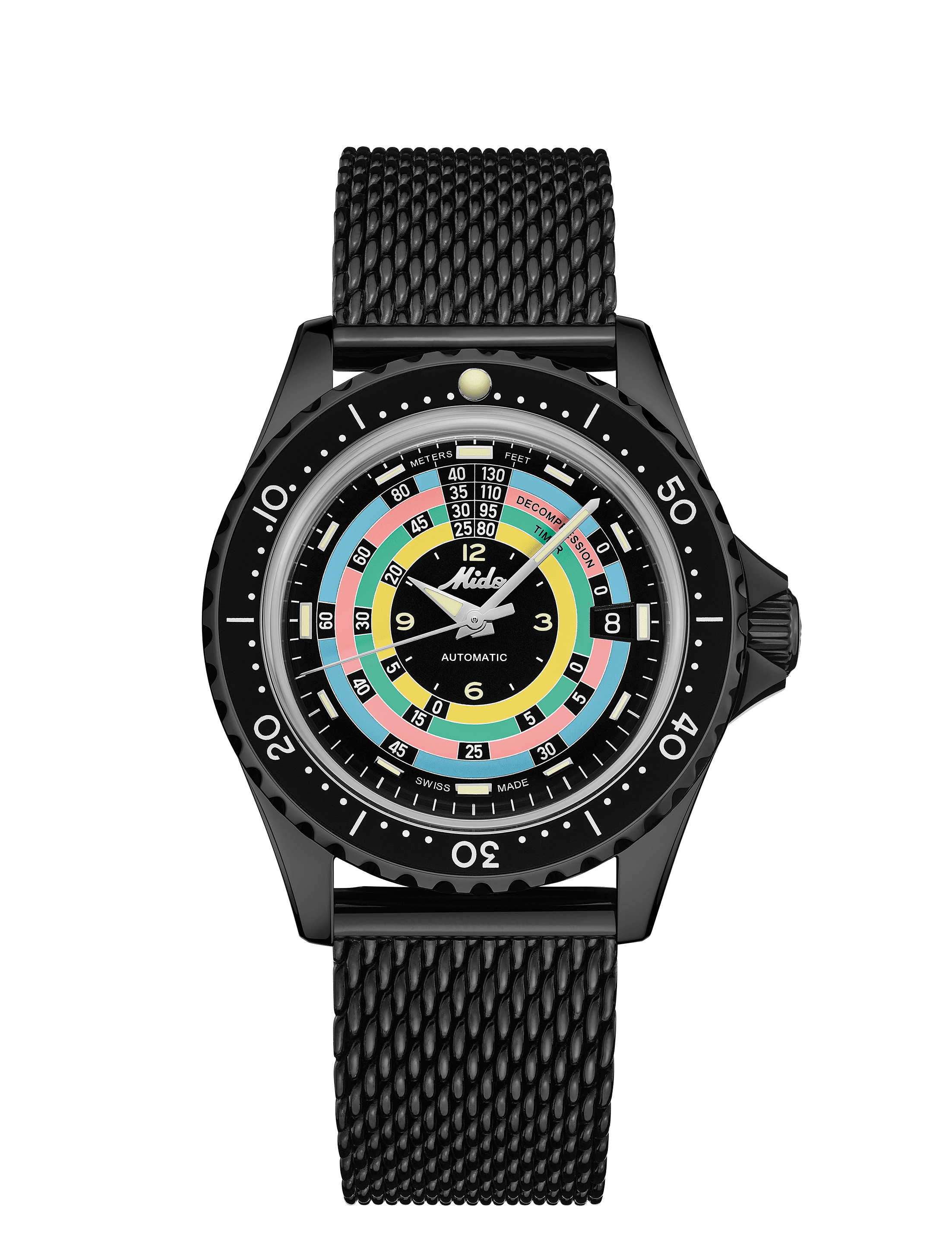 Orologio subacqueo nero con quadrante multicolore e cinturino maglia