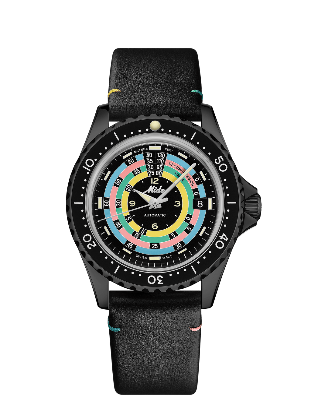 Orologio subacqueo nero con quadrante multicolore e cinturino in pelle