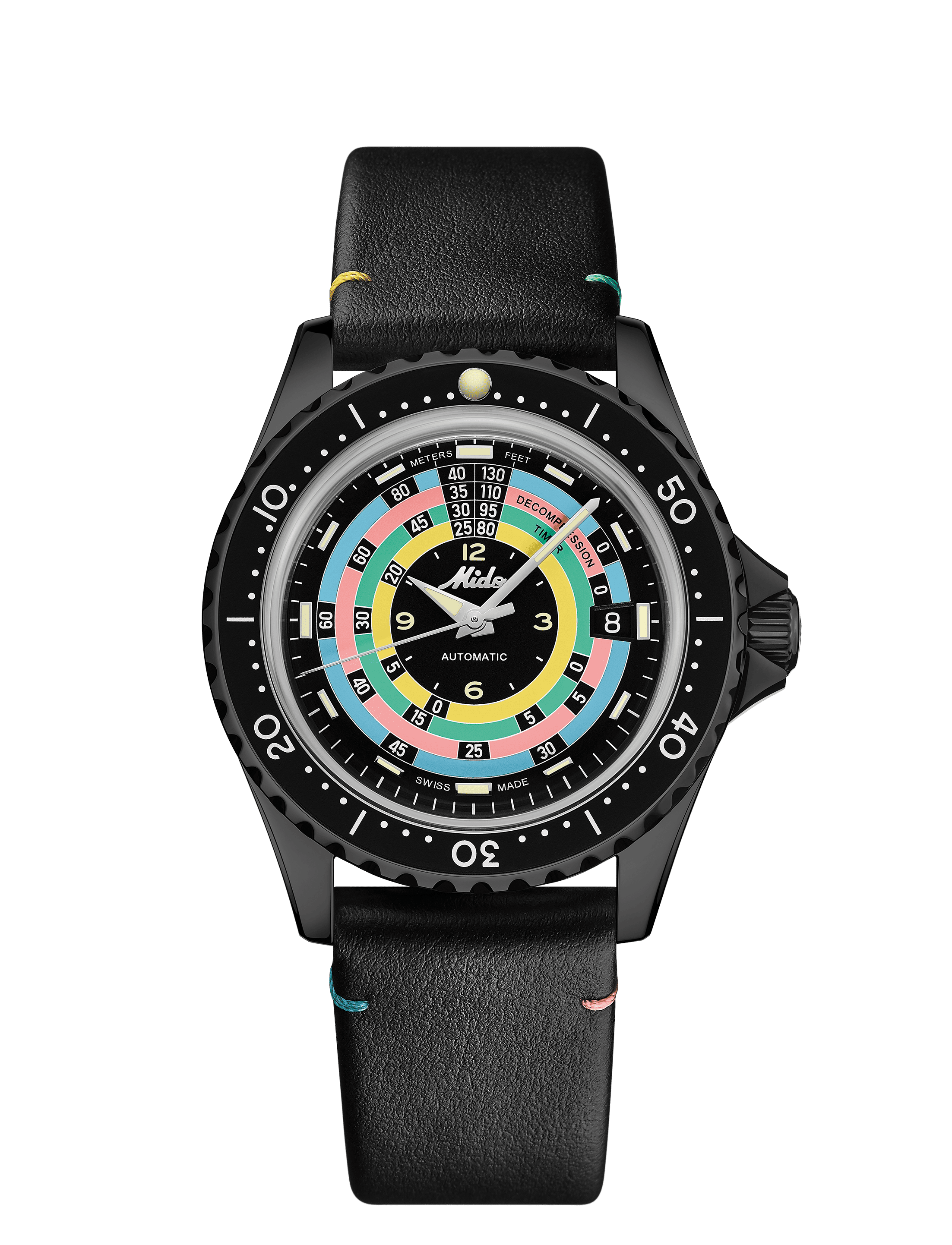 Orologio subacqueo nero con quadrante multicolore e cinturino in pelle